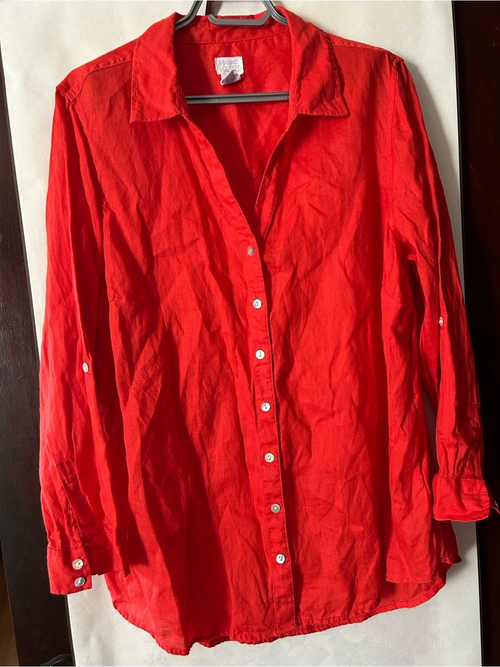 bright red-orange 100% linen long-sleeve button-down shirt, XL